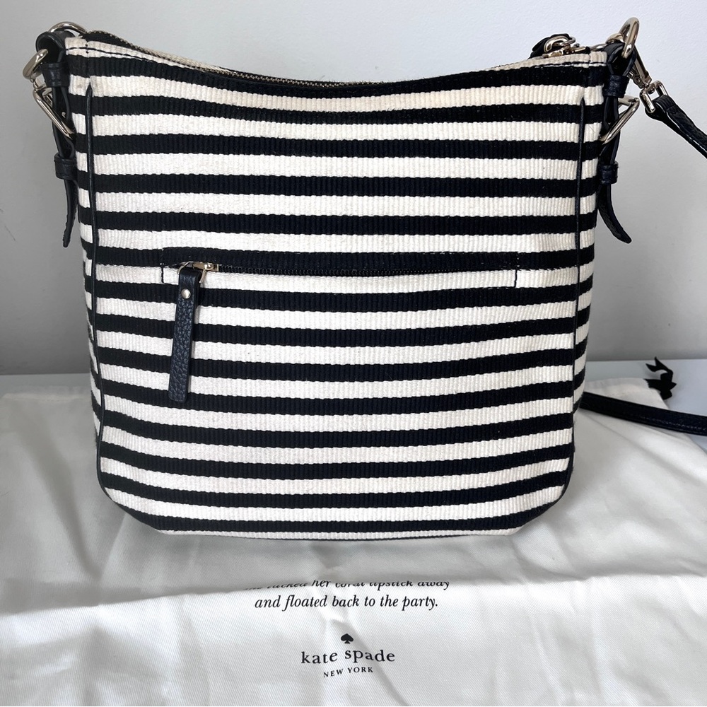 Kate Spade Black White Striped Crossbody Bag Canvas Leather Trim Convertible - Picture 4 of 16